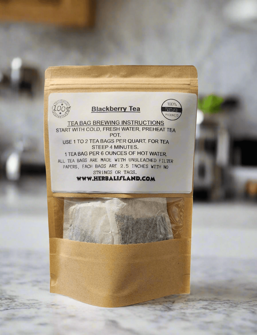 Herbal Island Blackberry Tea Bags, close-up of tea bags with blackberries and herbal ingredients in clear packaging