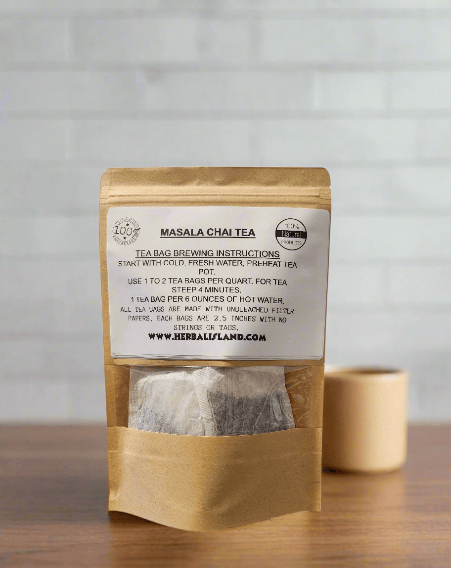 Herbal Island Masala Chai Tea Bags in a box, featuring aromatic tea bags with spices and herbs for flavorful chai preparation.
