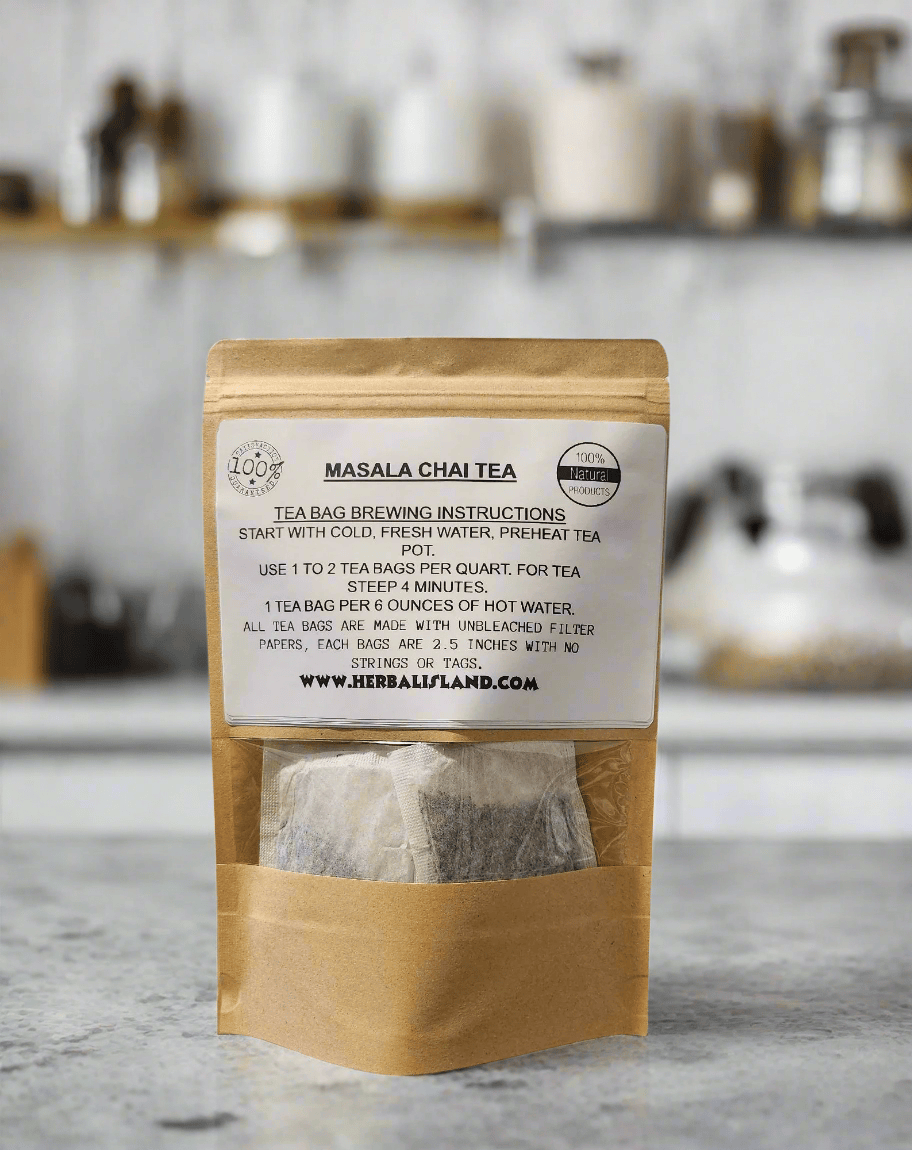 Herbal Island Masala Chai Tea Bags, aromatic tea with spices, in a box with several tea bags visible inside.