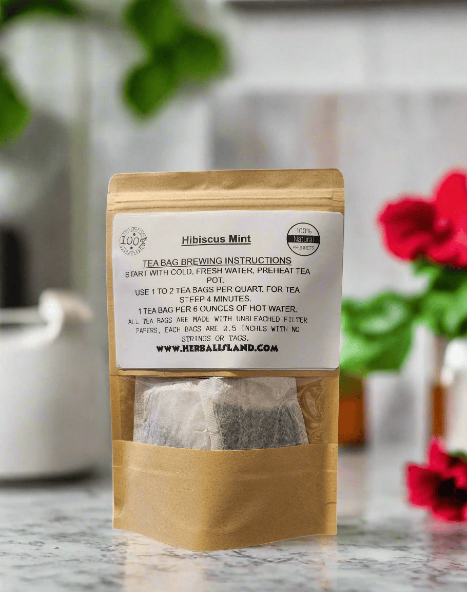 Herbal Island Hibiscus Mint Tea Bags with vibrant tea bag packaging featuring hibiscus and mint leaves on a white background
