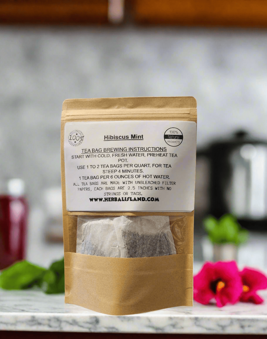 Herbal Island hibiscus mint tea bags in individual sachets with colorful packaging, ready for brewing a refreshing herbal tea.
