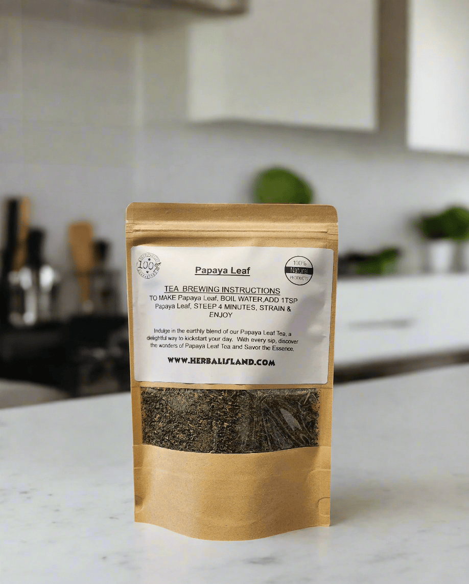 Cut and sift papaya leaf tea from Herbal Island, showing dried green papaya leaves in a clear container.