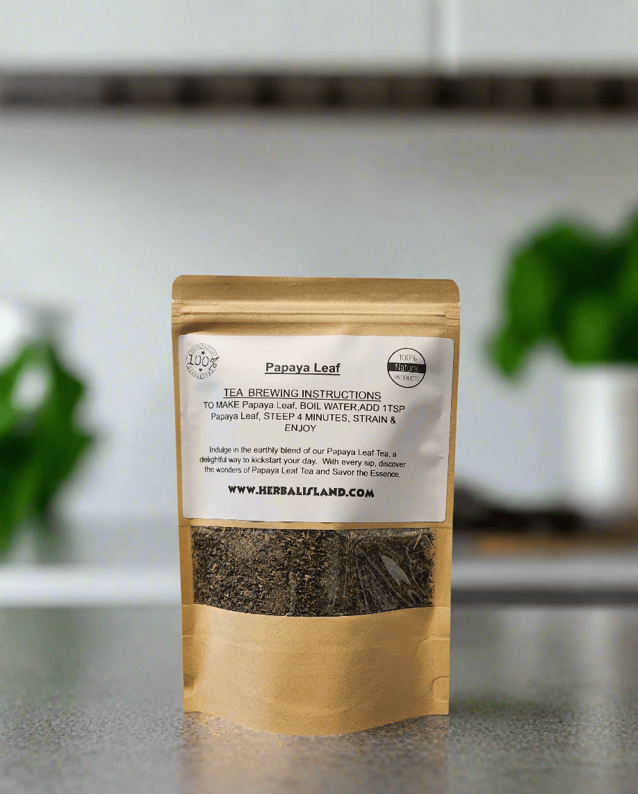 Herbal Island Papaya Leaf Tea, cut and sift herbal tea leaves in a clear glass jar with a plant background.