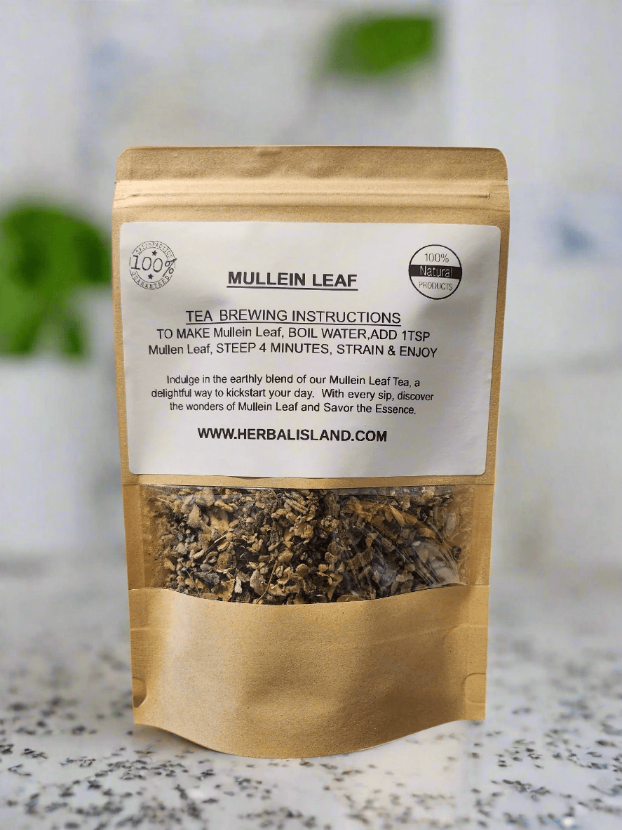 Herbal Island Mullein Leaf Tea in a glass teacup with dried mullein leaves next to it, showcasing a calming herbal tea setting.