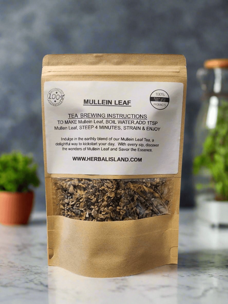 Herbal Island Mullein Leaf Tea in a clear glass cup, showing dried mullein leaves and brewed tea with a herbal setting.