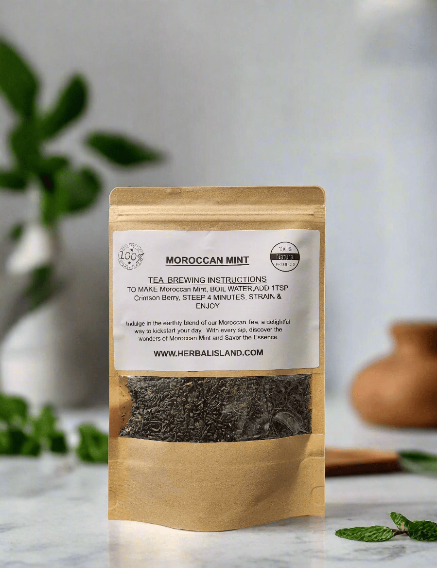 Herbal Island Moroccan Mint Tea in cut and sift form with dried mint leaves and tea blend in a clear container.
