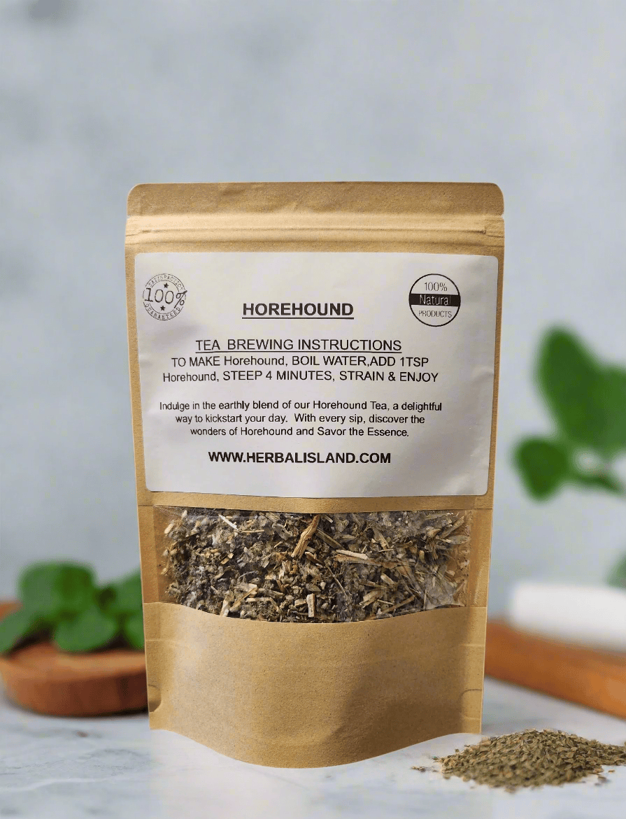Herbal Island Horehound Tea cut and sift herbal tea leaves in a clear container, ready for brewing.