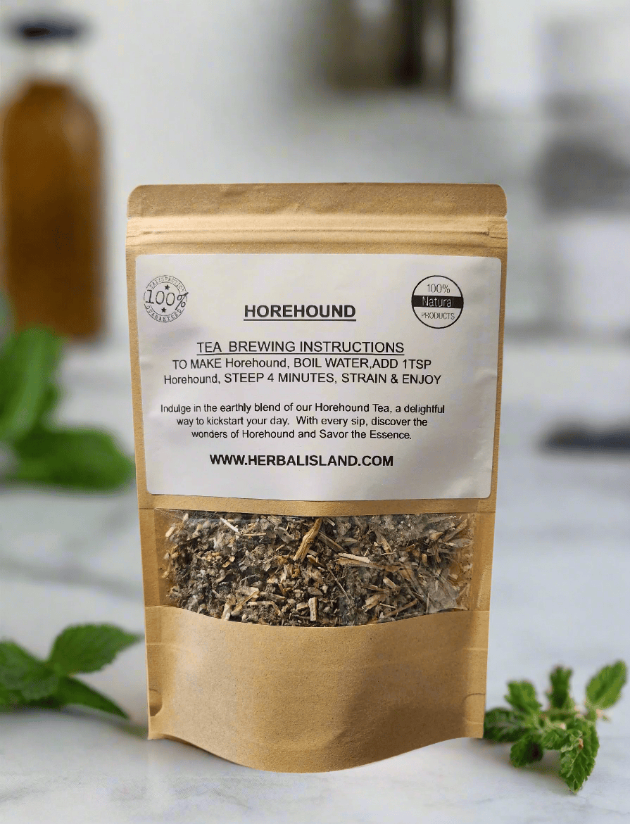 Herbal Island Horehound Tea cut and sift herbal blend in a clear container, showing dried Horehound leaves and stems.