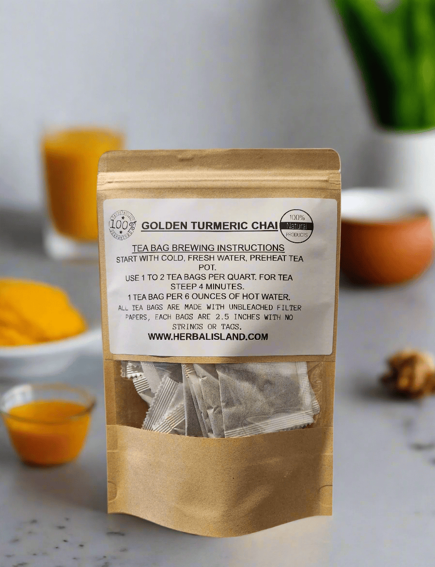 Golden Turmeric Chai Tea by Herbal Island, brewed in a cup with golden turmeric powder and spices, ready to enjoy.
