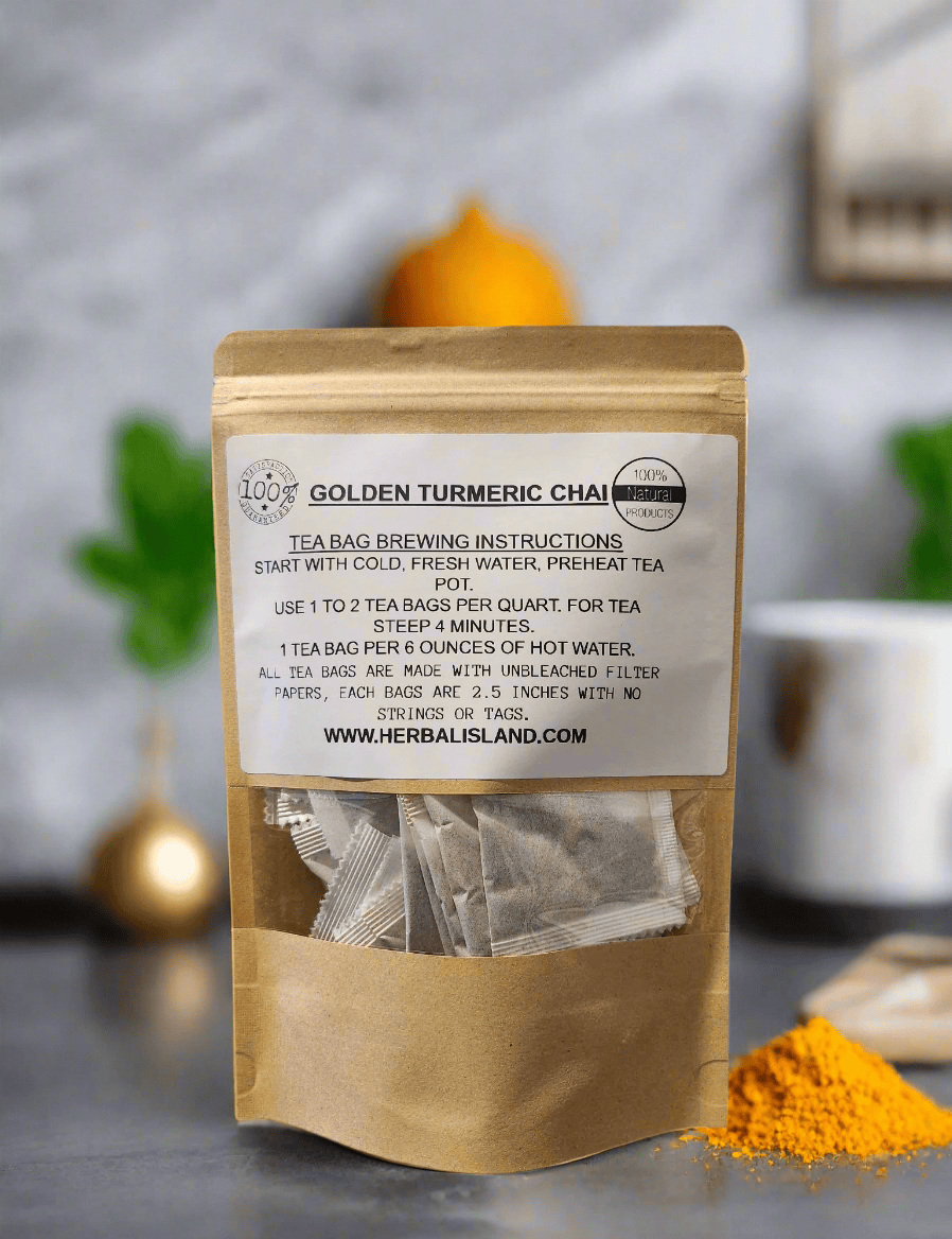 Golden Turmeric Chai Tea by Herbal Island in a steaming cup showing vibrant yellow turmeric-infused chai with spices.