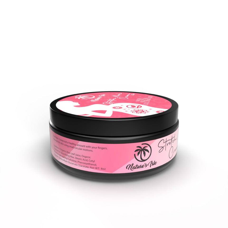 Herbal Island stretch mark cream jar, smooth textured cream for skin elasticity and stretch mark reduction.