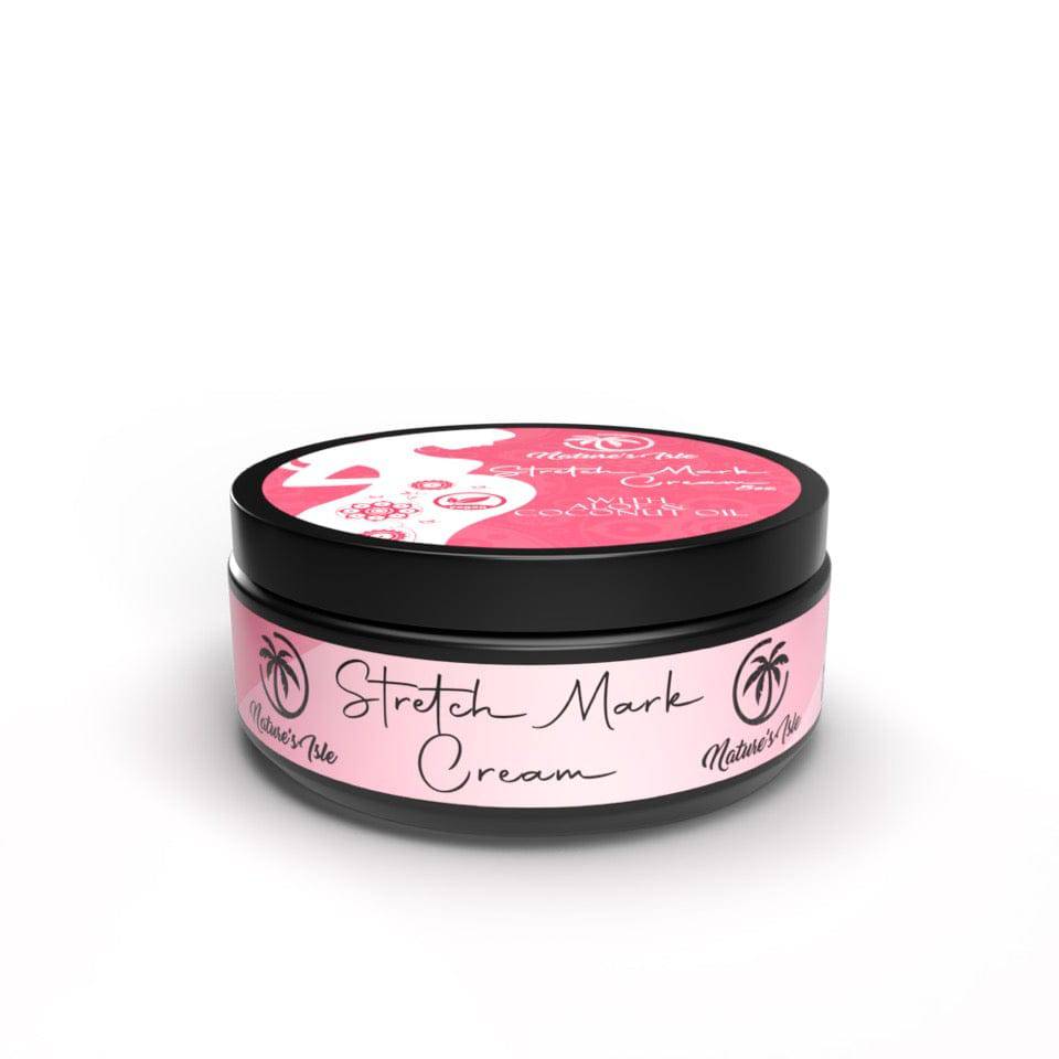 Herbal Island stretch mark cream jar showing creamy texture, designed to reduce the appearance of stretch marks on skin.