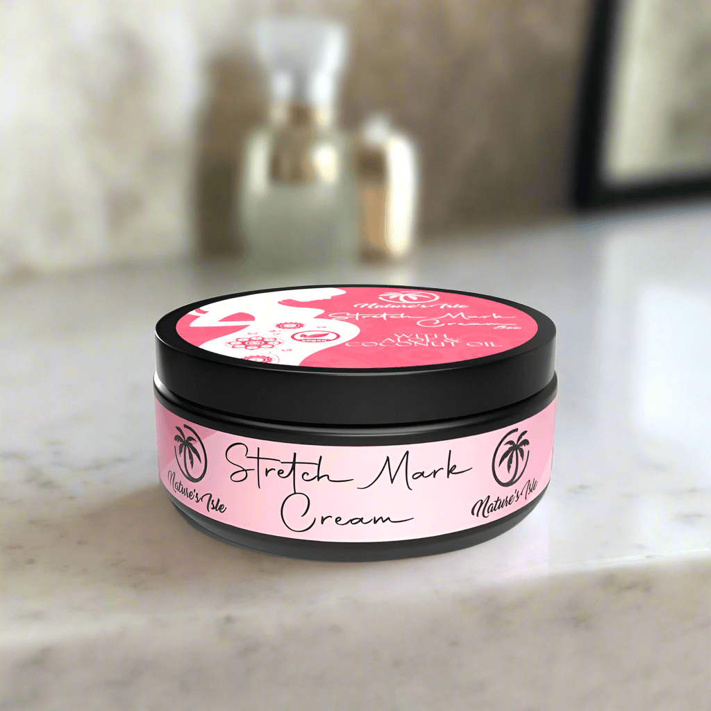 Herbal Island stretch mark cream jar showing smooth, creamy texture for skin elasticity and scar reduction.
