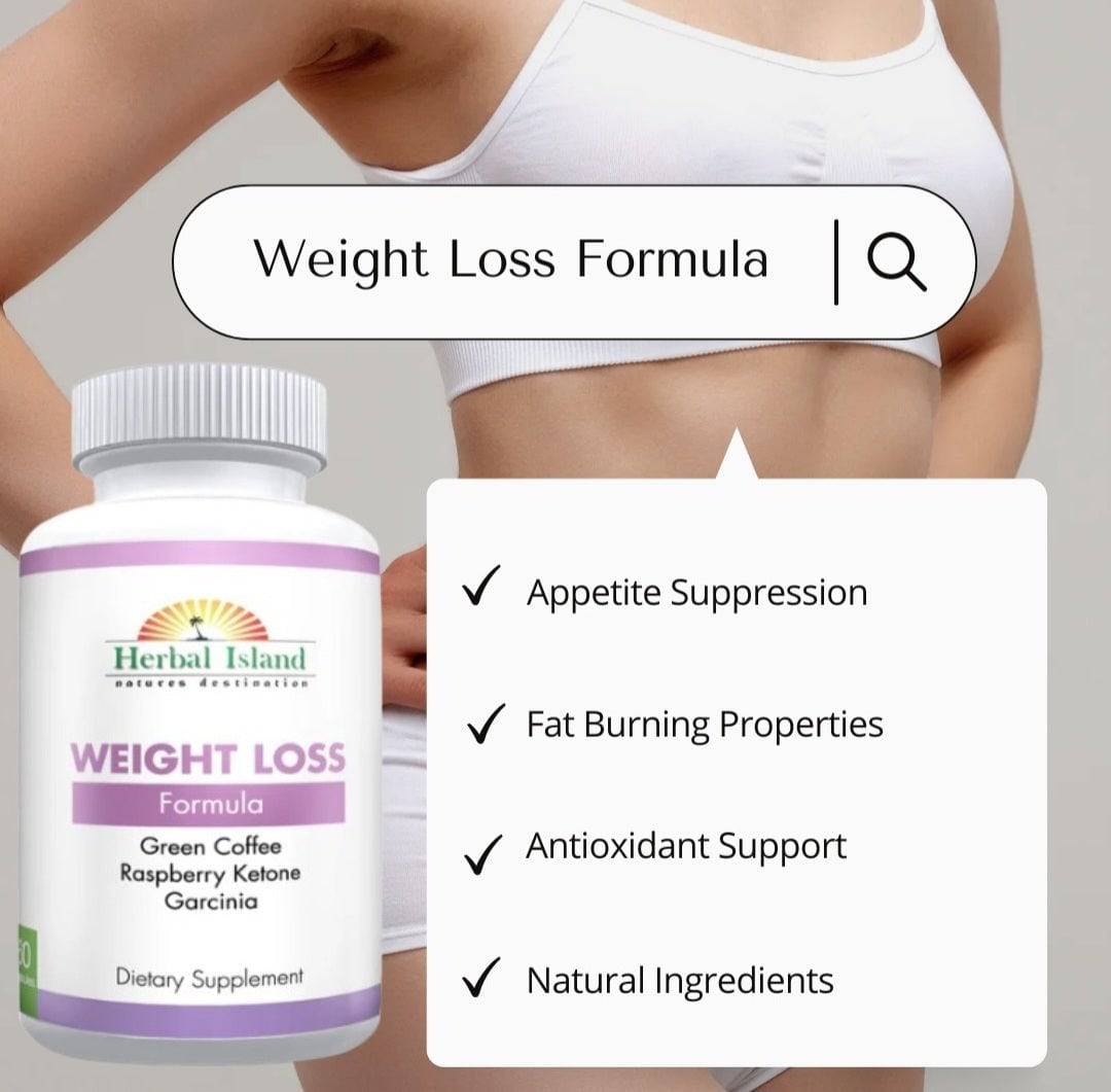 Herbal Island weight loss capsules in a bottle, showing the supplement packaging with label and capsules inside.