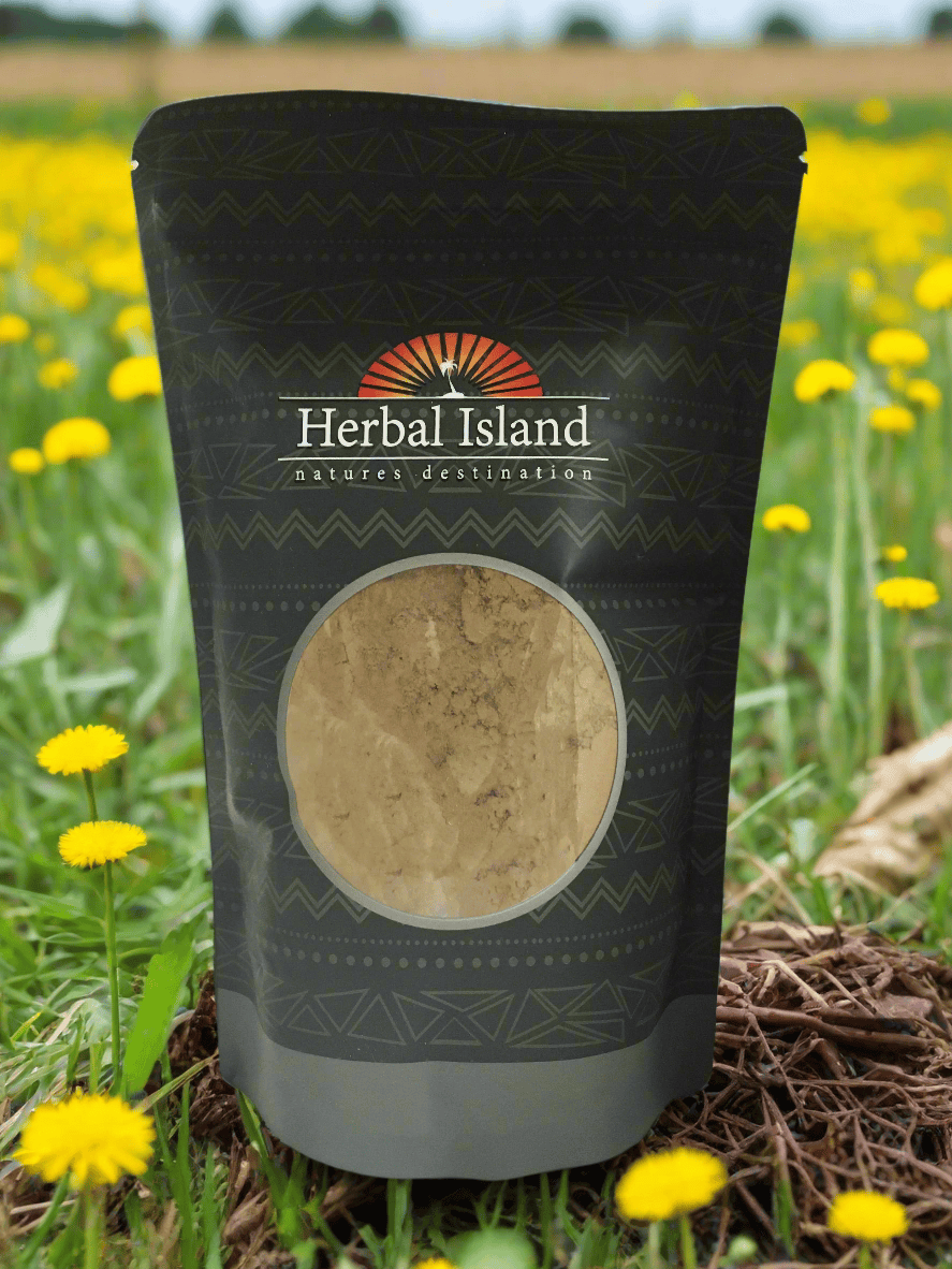 Herbal Island Dandelion Root Powder in a clear jar, showing the fine yellowish powder used for herbal remedies and teas.