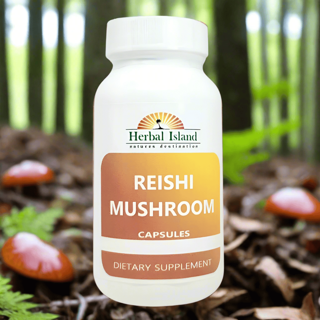 Herbal Island Reishi Mushroom Capsules (Ganoderma lucidum) in clear capsule form, displayed on a white background for nutritional supplement.
