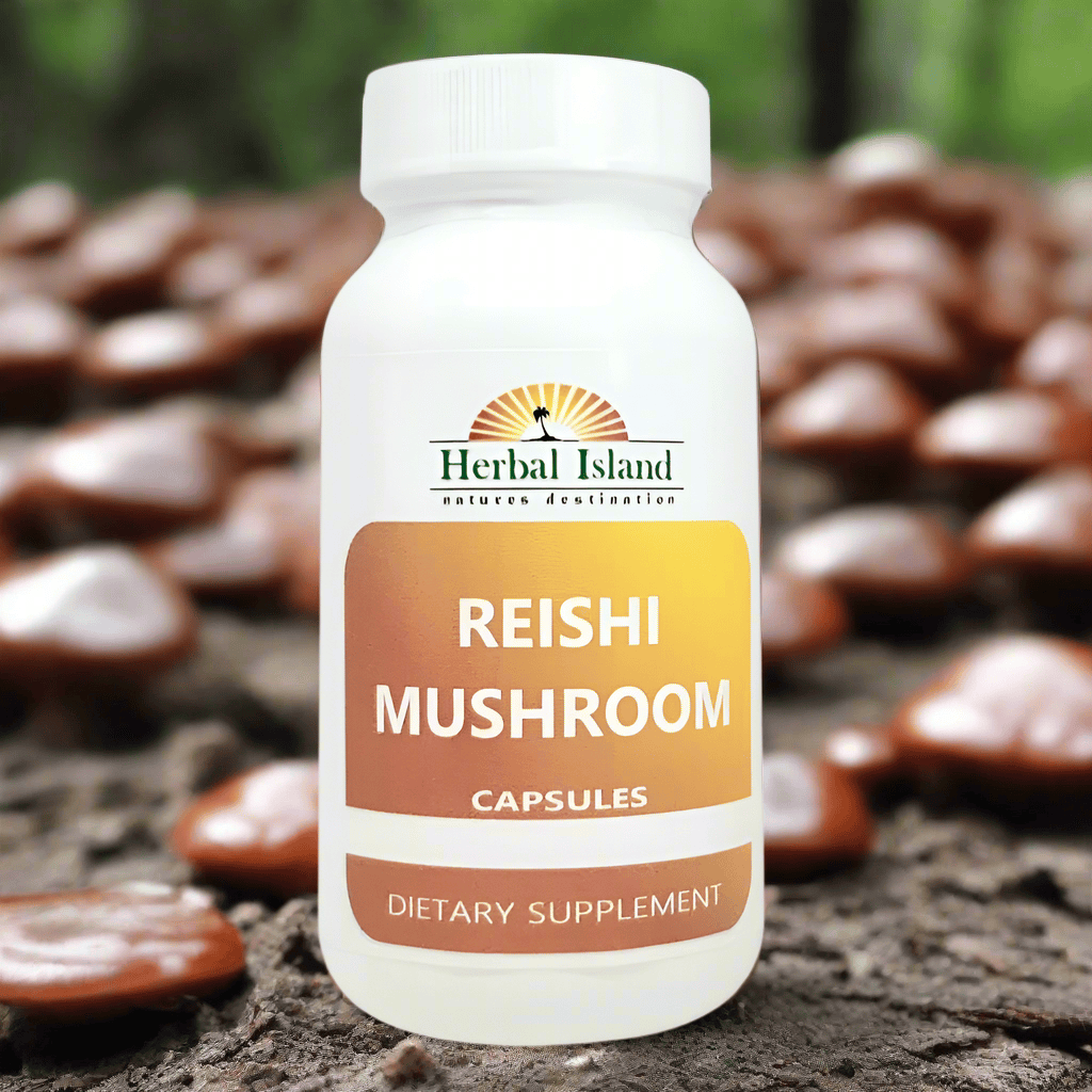 Herbal Island Reishi Mushroom Capsules (Ganoderma lucidum) in clear capsules, displayed on a plain background.
