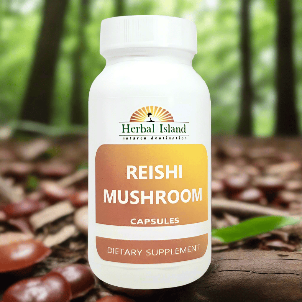Herbal Island Reishi Mushroom Capsules, Ganoderma lucidum supplement in clear capsule form, displayed against a plain background.