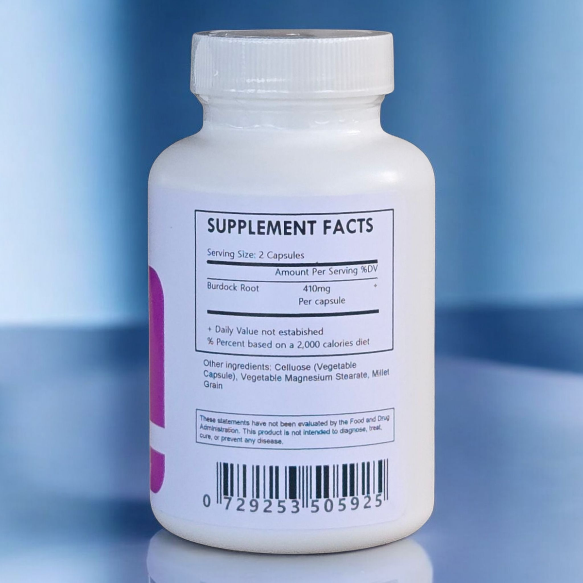 Herbal Island burdock capsules in a clear bottle with white and green label, showing capsules inside.