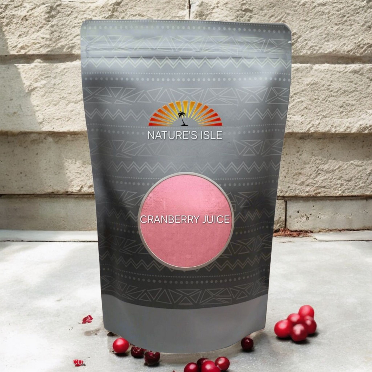 Herbal Island cranberry juice powder in a clear jar, showcasing vibrant red powder and fresh cranberries on the label.