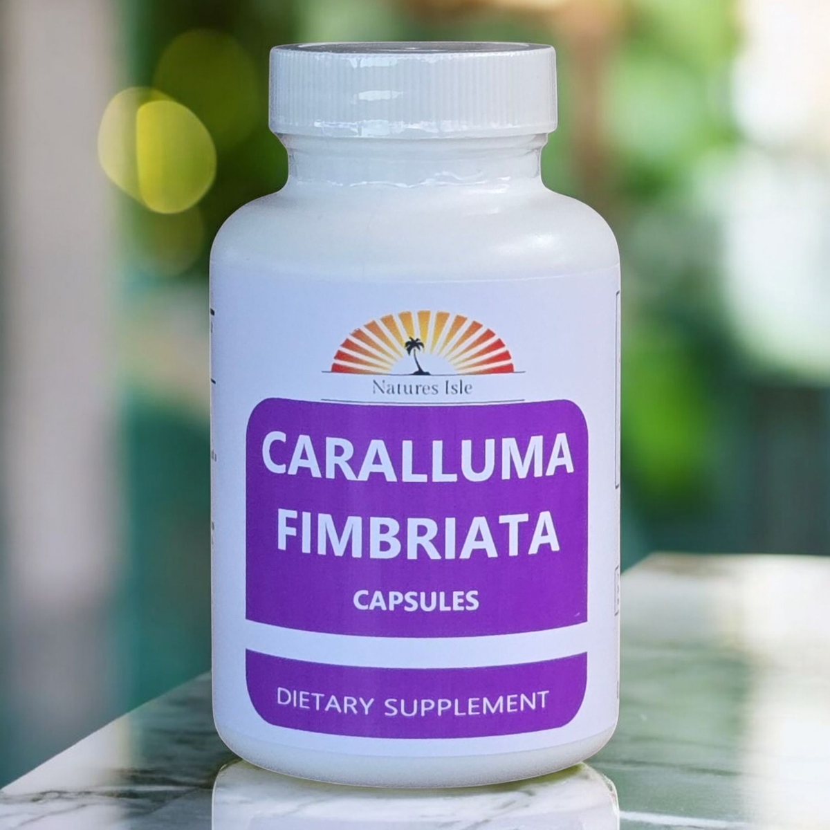 Herbal Island Caralluma Fimbriata capsules 500mg in white and green capsules on a white background.