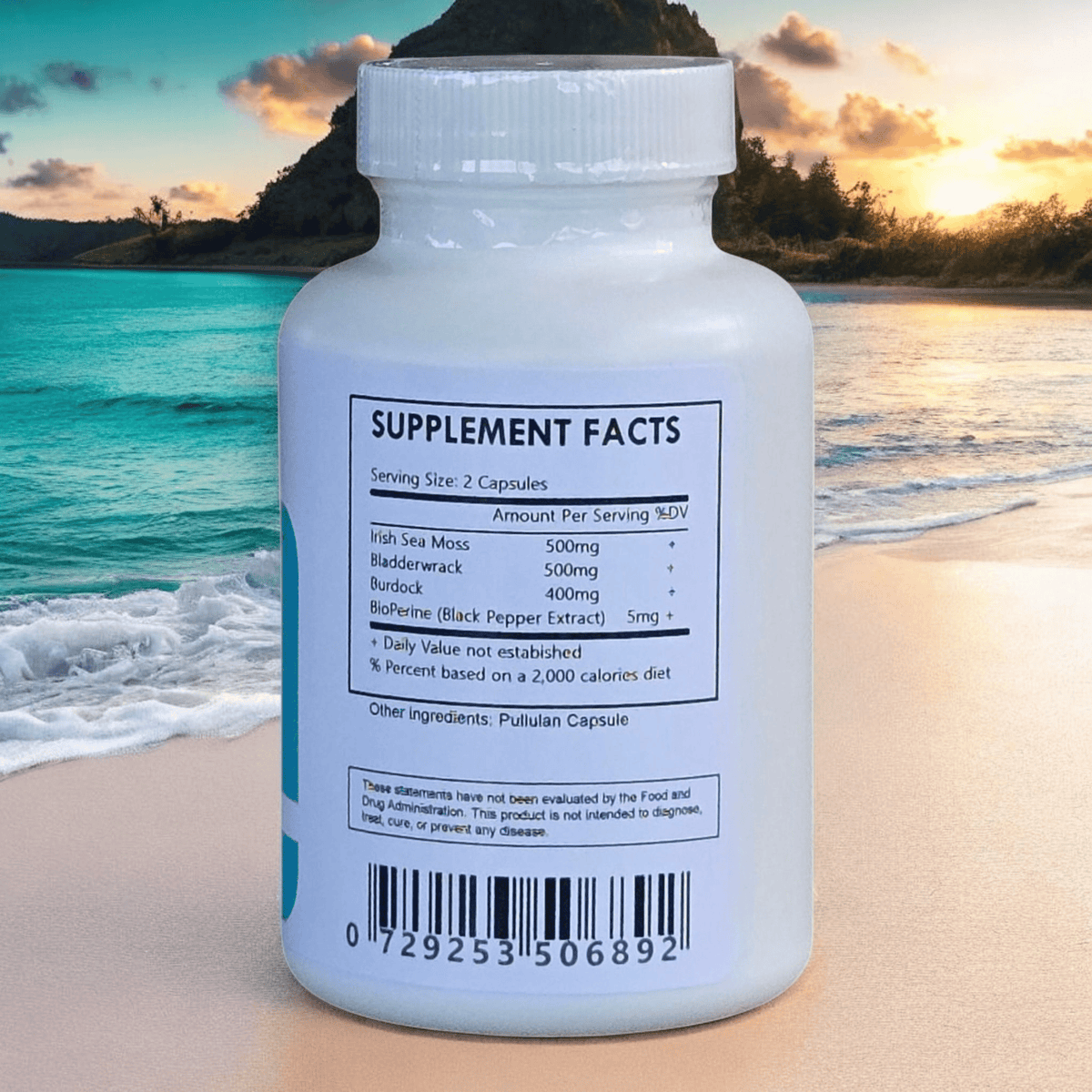 Herbal Island Advanced Sea Moss Capsules in white bottle with label, showcasing dietary supplement capsules on a neutral background.
