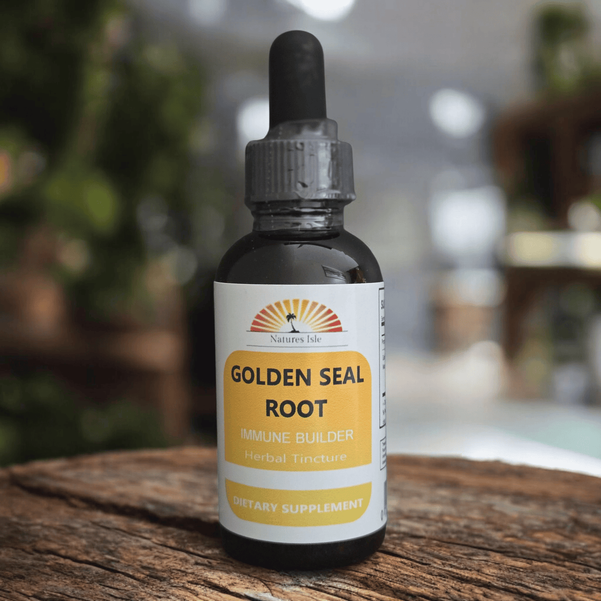 Liquid Goldenseal Root Extract by Herbal Island, immune booster supplement in alcohol-free liquid form with fresh root imagery.