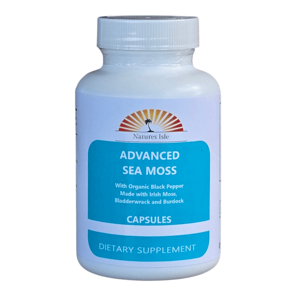 Herbal Island Advanced Sea Moss Capsules in a bottle, showcasing natural supplement capsules for health and wellness.