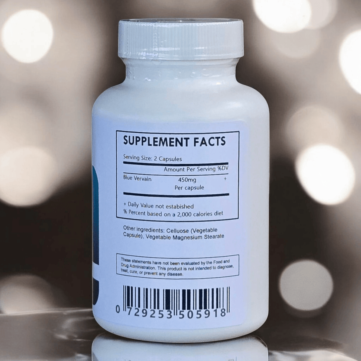 Blue Vervain capsules by Herbal Island, showing a clear view of the blue-colored herbal supplement capsules in a container.