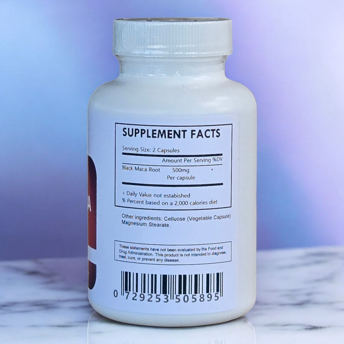 Black Maca Root capsules from Herbal Island, organic supplement in a clear bottle with black caps and visible capsules inside.