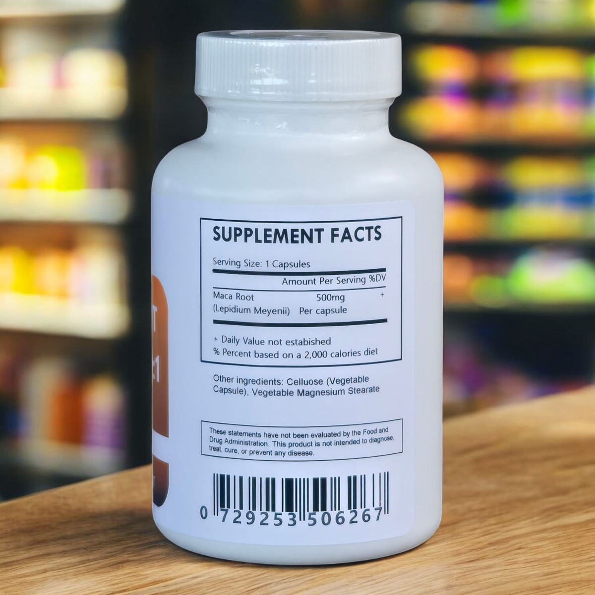 Herbal Island Maca Root Extract Powder capsules in a bottle, showing the supplement for natural energy and hormonal balance.