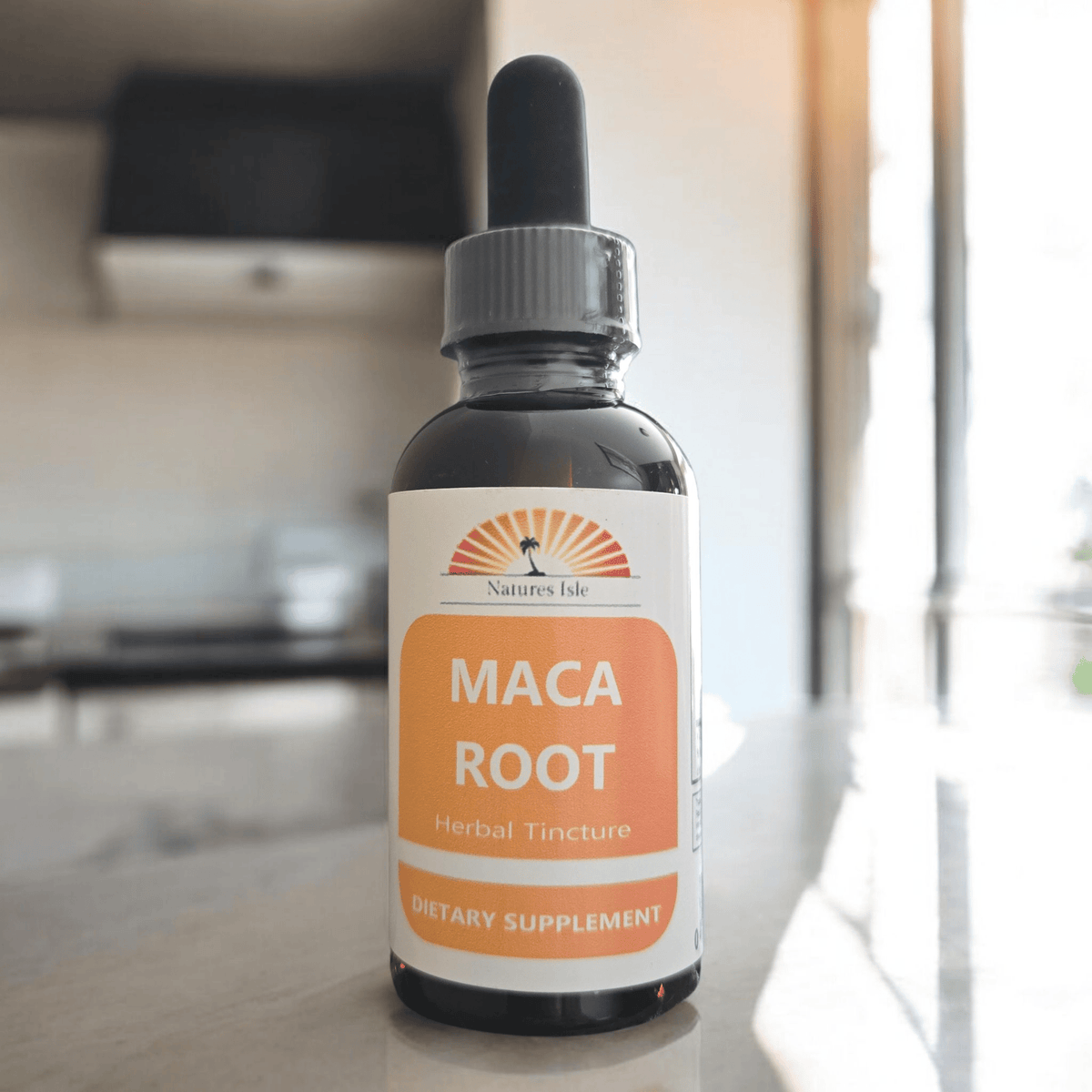 Herbal Island Maca Root Liquid Tincture in a glass dropper bottle, alcohol-free herbal supplement for energy and vitality.