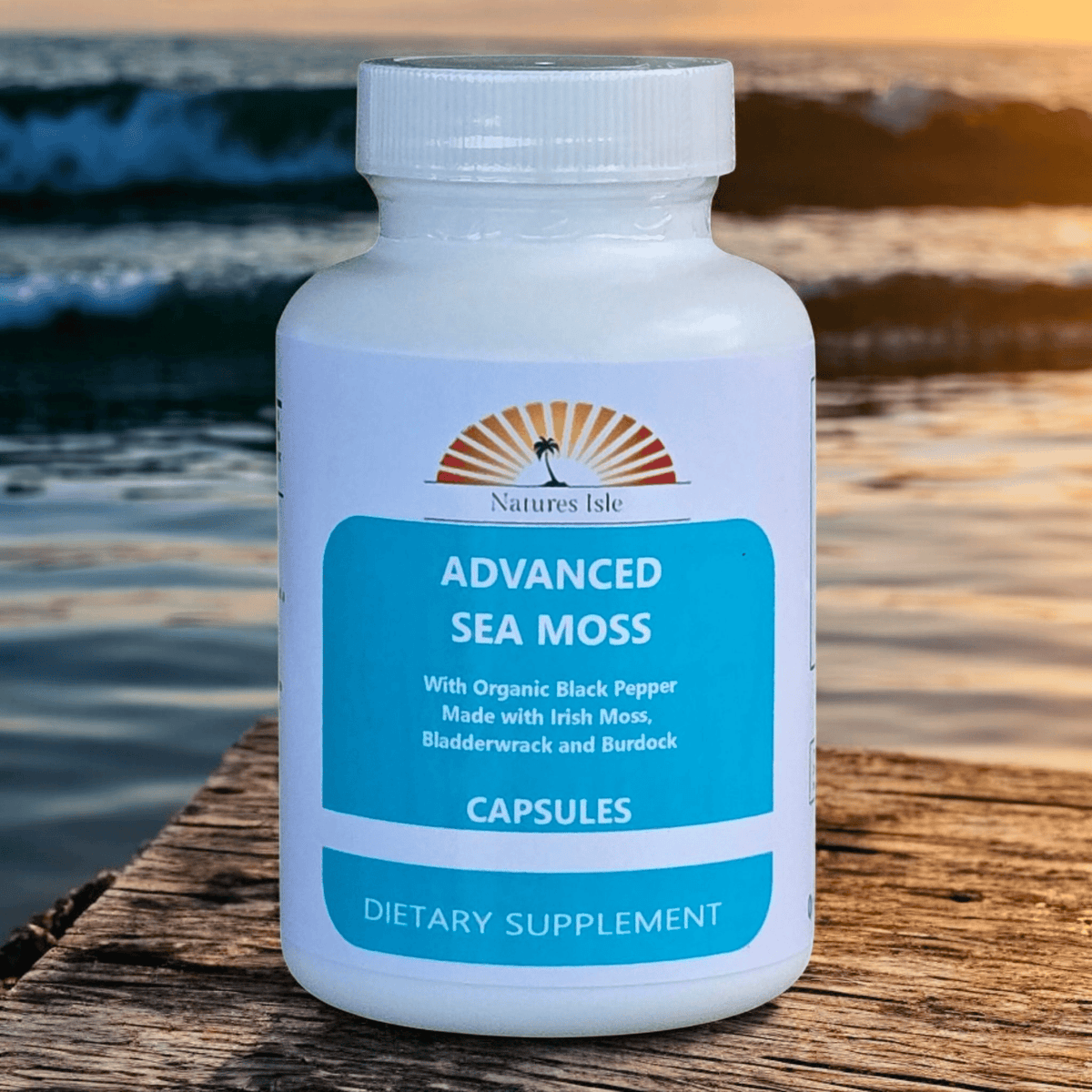 Herbal Island Advanced Sea Moss Capsules in clear capsules, showing the supplement's natural sea moss content inside.