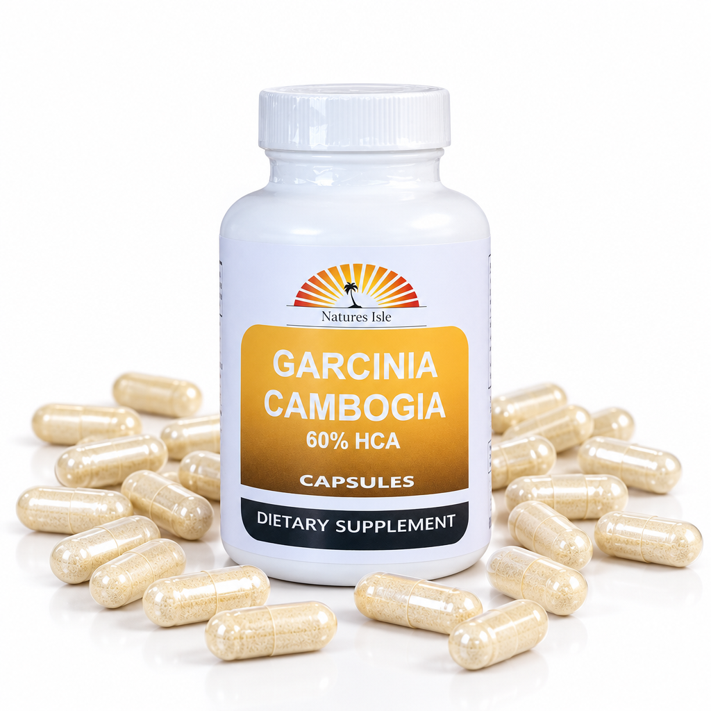 Herbal Island Garcinia Cambogia capsules with 60% HCA extract, showing the supplement capsules in a clear container.