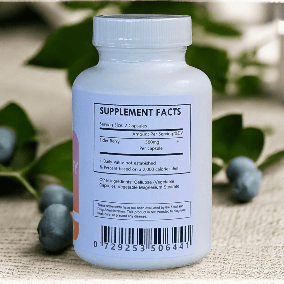 Herbal Island elderberry fruit capsules in clear gel capsules, showcasing the dietary supplement's natural elderberry extract.