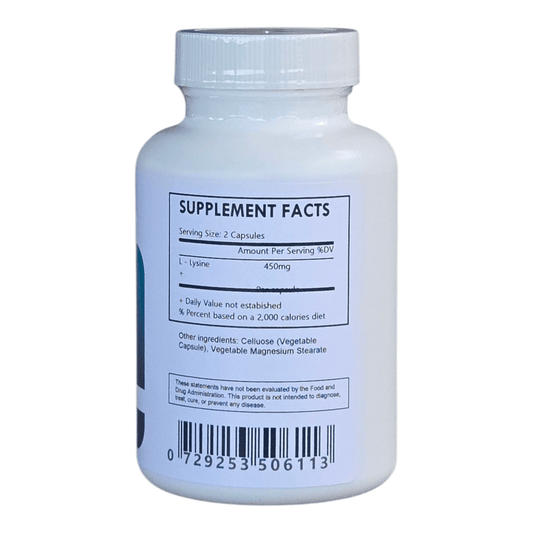 Herbal Island L-Lysine capsules in a clear container, showing small, beige supplement capsules on a white background.