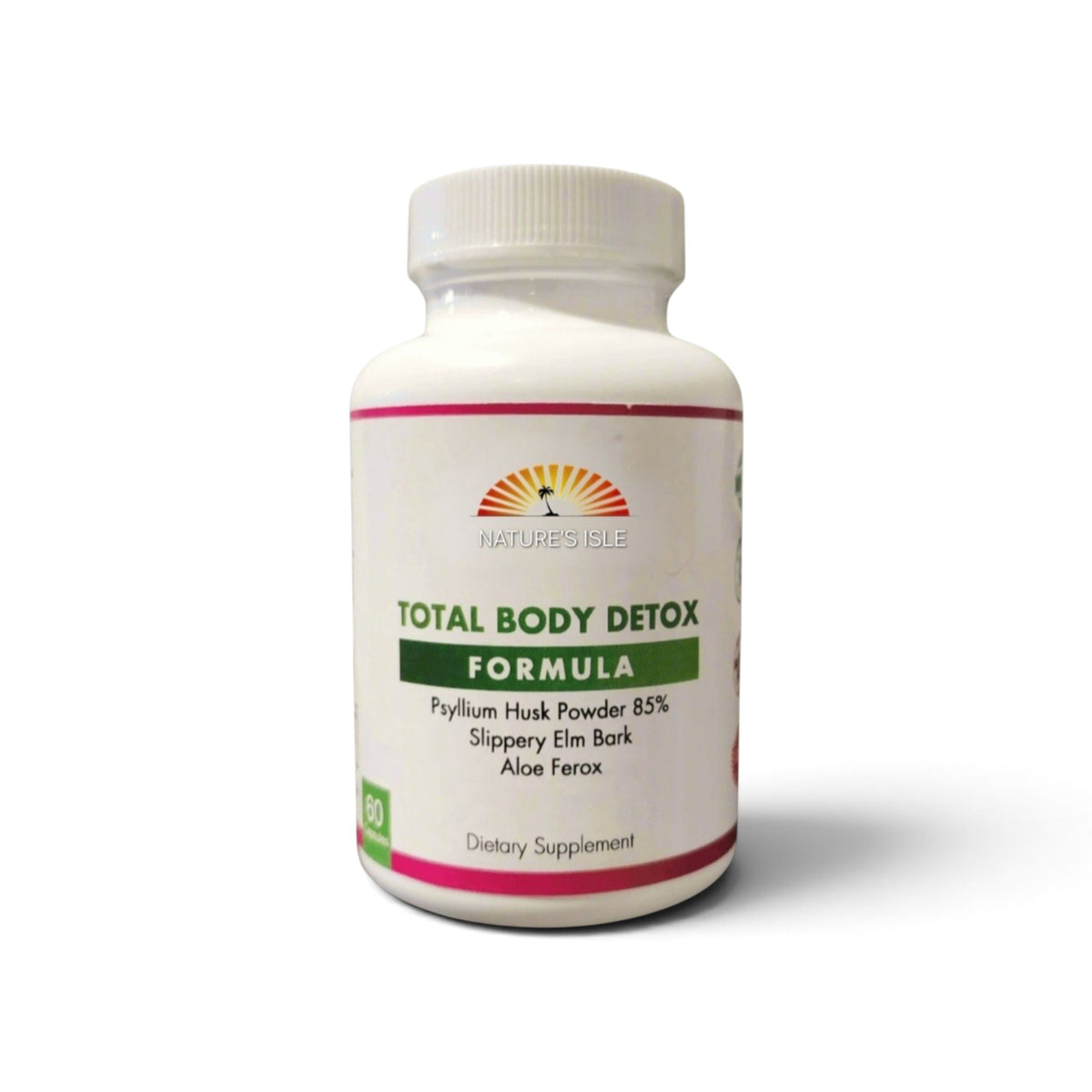 Herbal Island Total Body Detox capsules, natural supplement for cleansing and detoxification, shown in a bottle with 60 capsules.