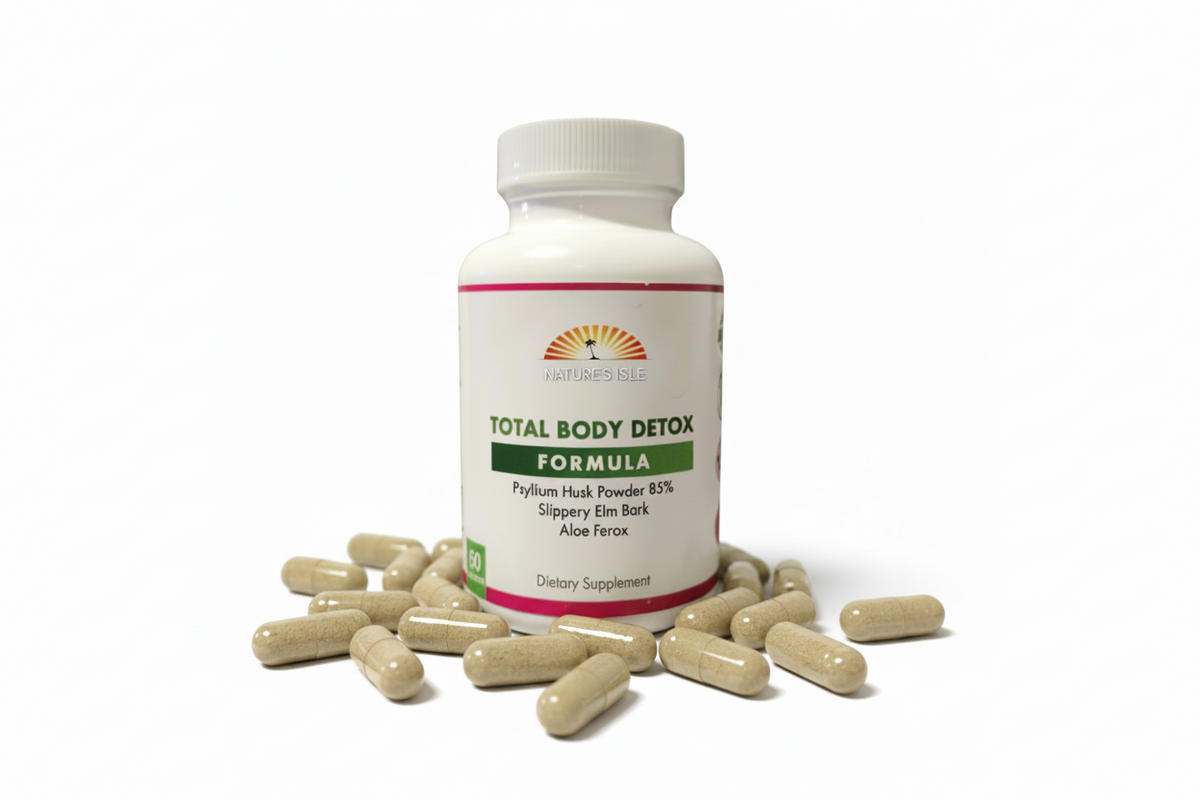 Herbal Island Total Body Detox capsules, 60 all-natural capsules for cleansing and detoxification, shown in a clear container.
