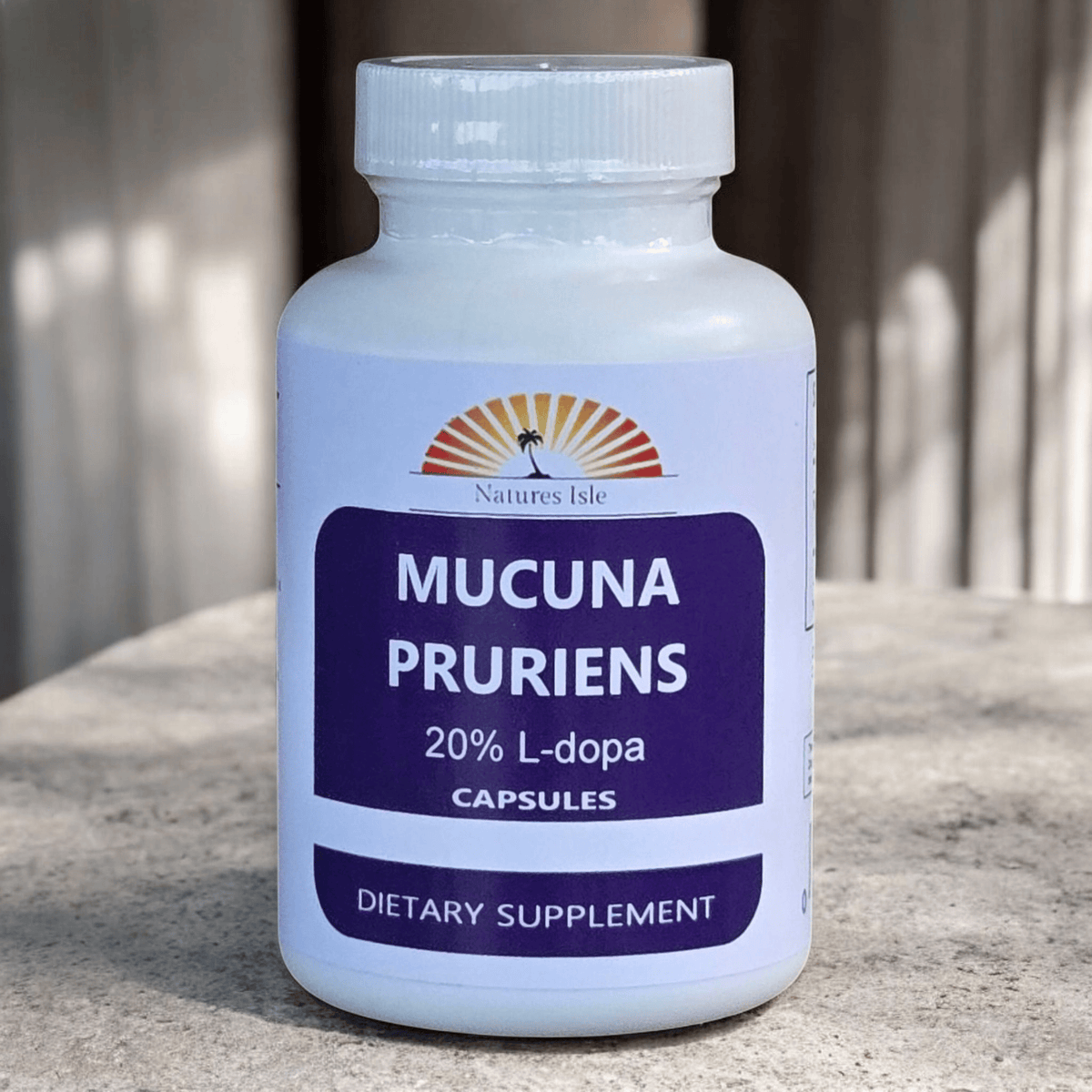 Herbal Island Mucuna Pruriens extract capsules with 20% L-Dopa, showing a bottle of velvet bean supplement capsules.