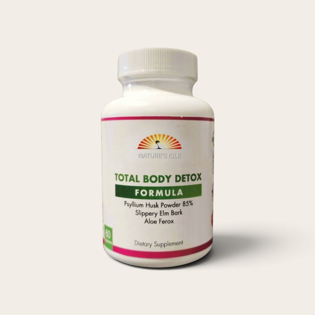 Herbal Island Total Body Detox capsules in a bottle, showing natural supplement capsules for cleansing and detoxification.
