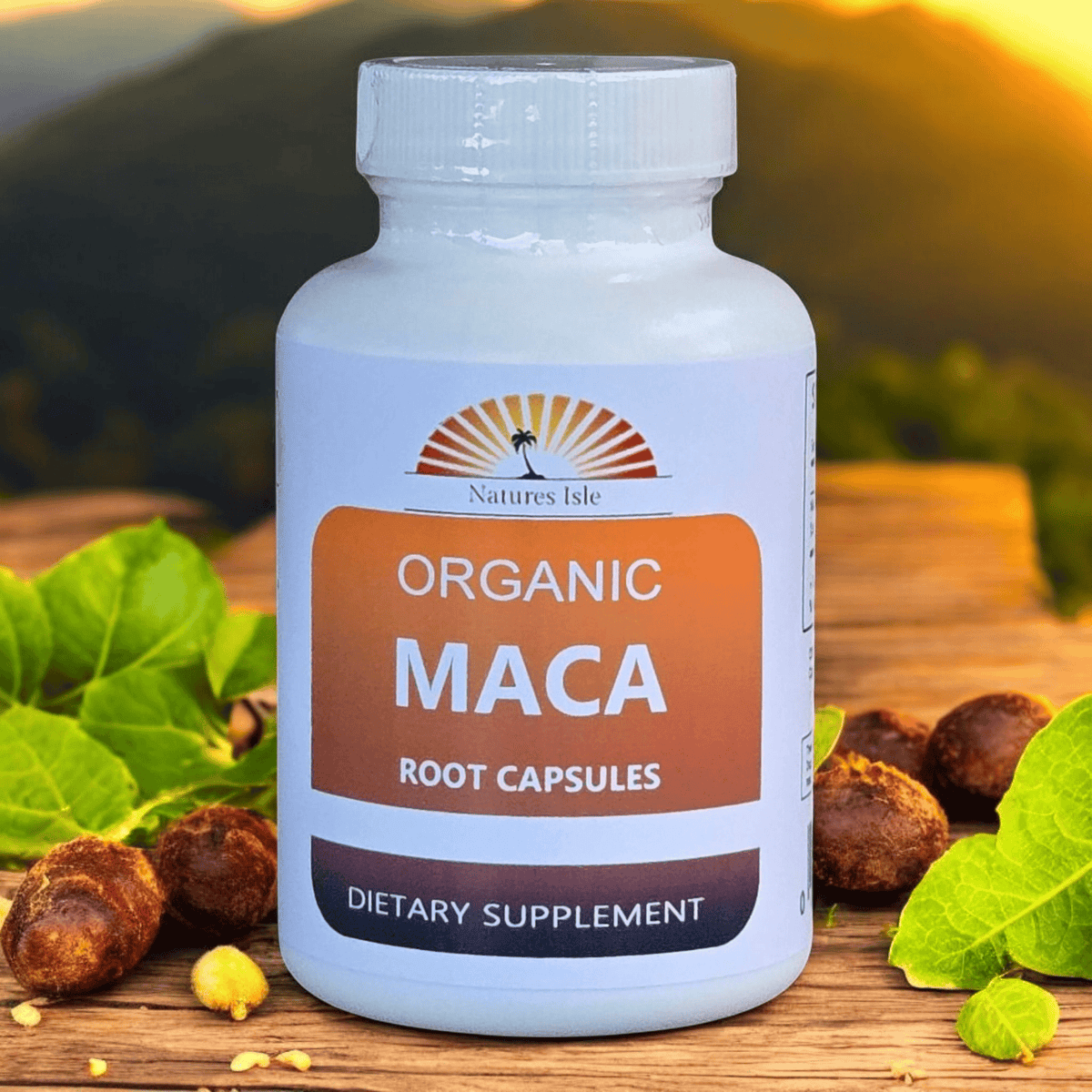 Organic Maca Root Powder Capsules by Herbal Island, showing beige capsules in a clear container on a white background.