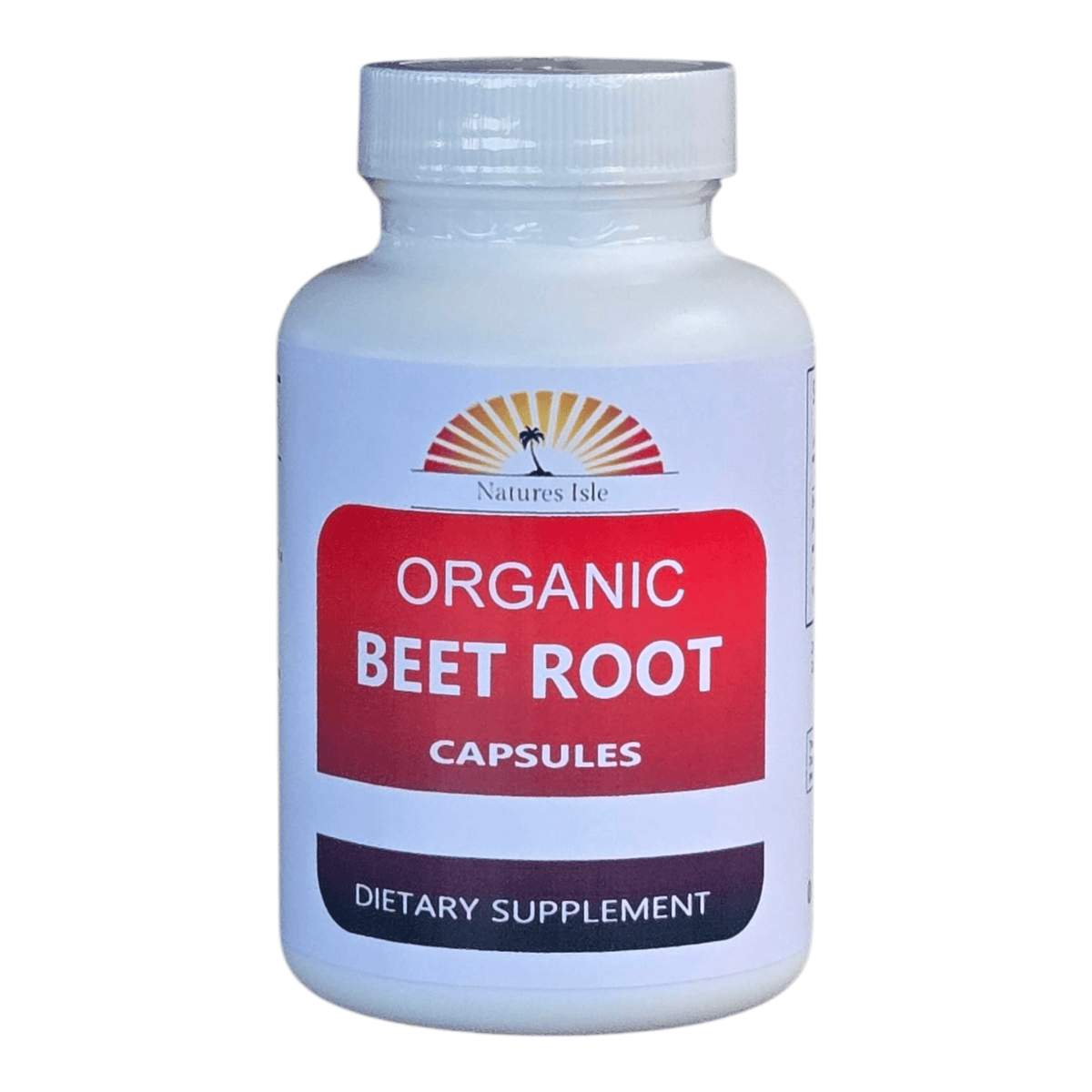 Organic Beet Root Capsules by Herbal Island, 500mg, showing close-up of the capsule bottle with capsules inside.