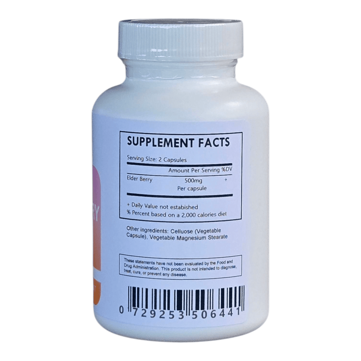 Herbal Island Elderberry Fruit Capsules in a bottle with capsules visible inside, promoting immune support and wellness.