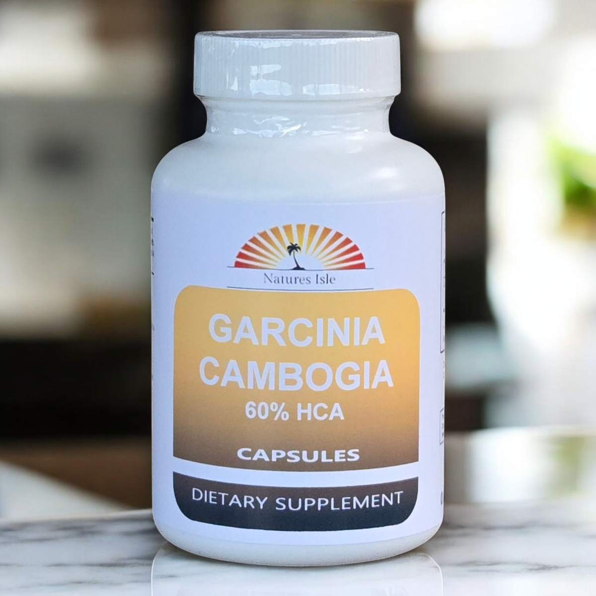 Herbal Island Garcinia Cambogia capsules with 60% HCA extract, dietary supplement for weight management, in clear capsule form.