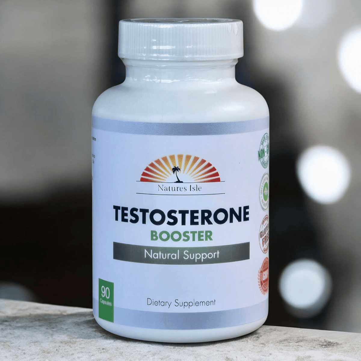 Herbal Island testosterone booster capsules, natural supplement for energy and vitality, 90 capsules in a clear bottle.