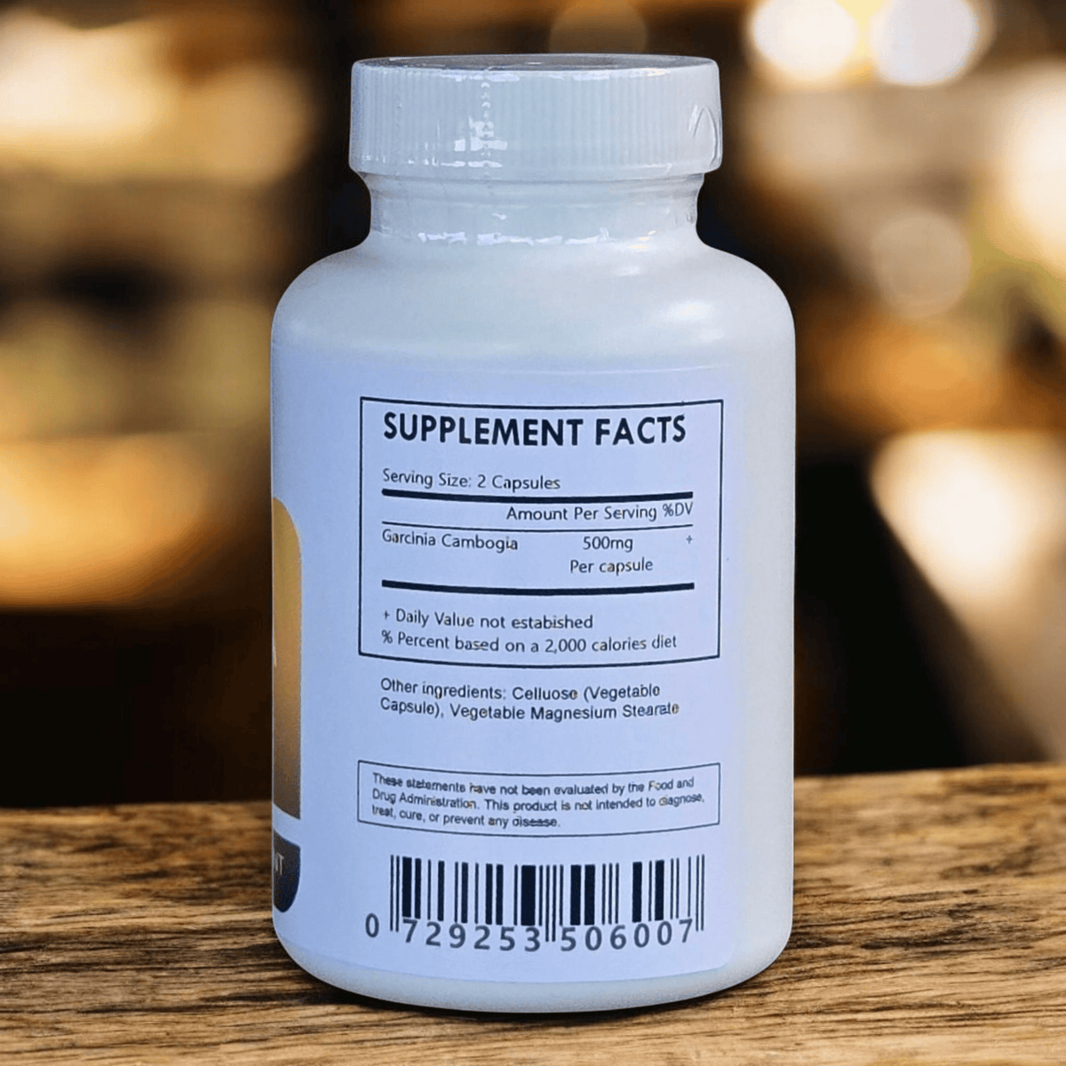 Herbal Island Garcinia Cambogia capsules with 60% HCA extract, shown in clear plastic container on a white background.