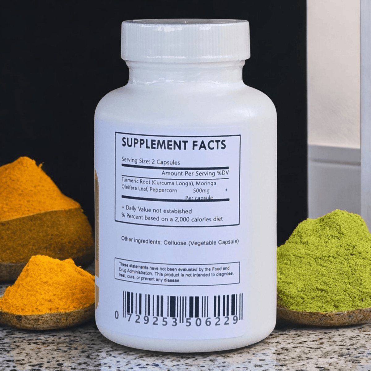 Herbal Island Turmeric & Moringa Blend Capsules showing capsules in a clear container with herbal ingredients in the background.