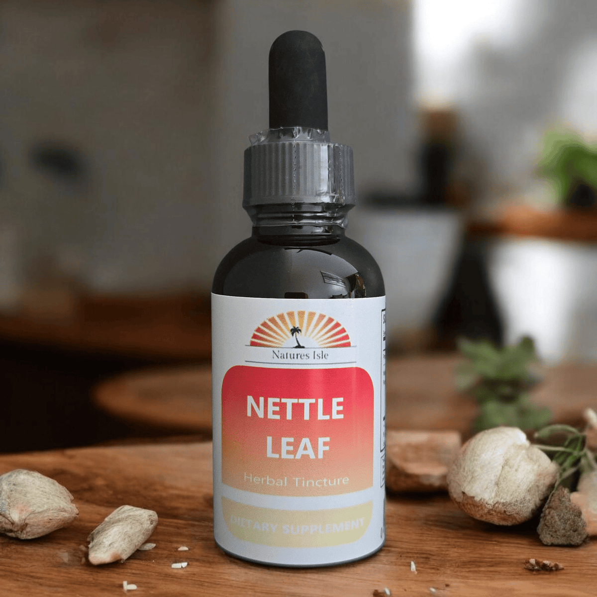 Herbal Island Nettle Leaf Tincture in a glass dropper bottle, liquid extract of Urtica Dioica for herbal supplementation.