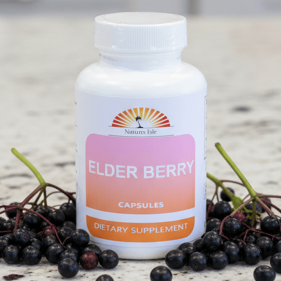Herbal Island elderberry fruit capsules in a clear container, showing dark purple capsules filled with elderberry extract.