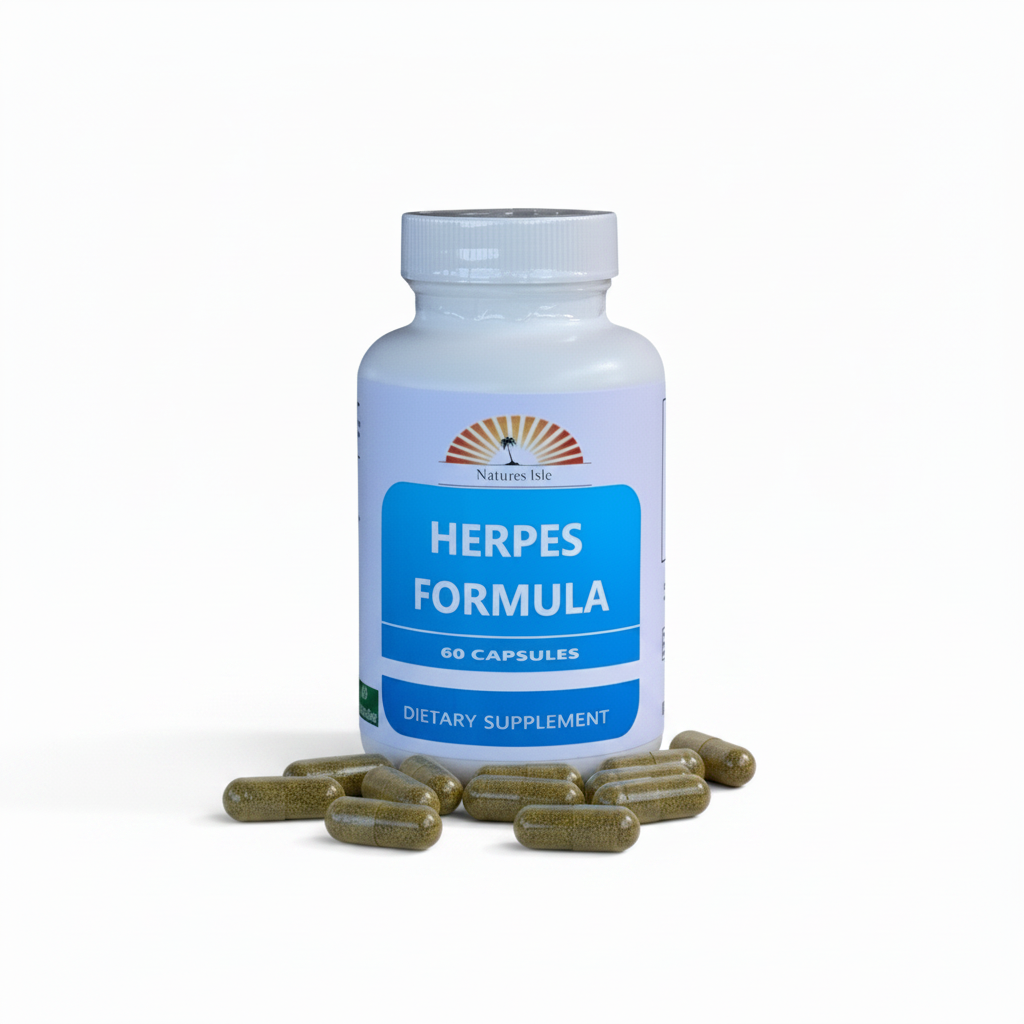Herbal Island Herpes Formula capsules in a bottle, all natural supplement for herpes support, 60 capsules displayed on a white background.